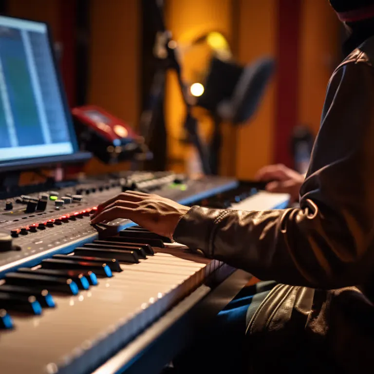 Låtskrivare arbetar med musik i en studio
